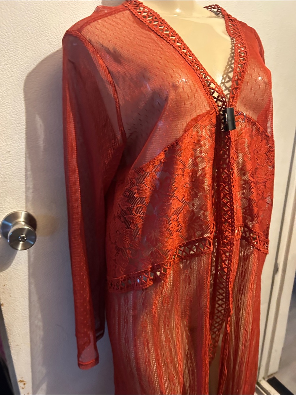 Sheer Lace Long Robe in Rust Red - Picture 2 of 6